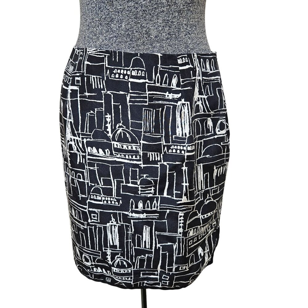 Grace Elements Skirt Womens Sz 8P Black White Silk Abstract Architecture Print